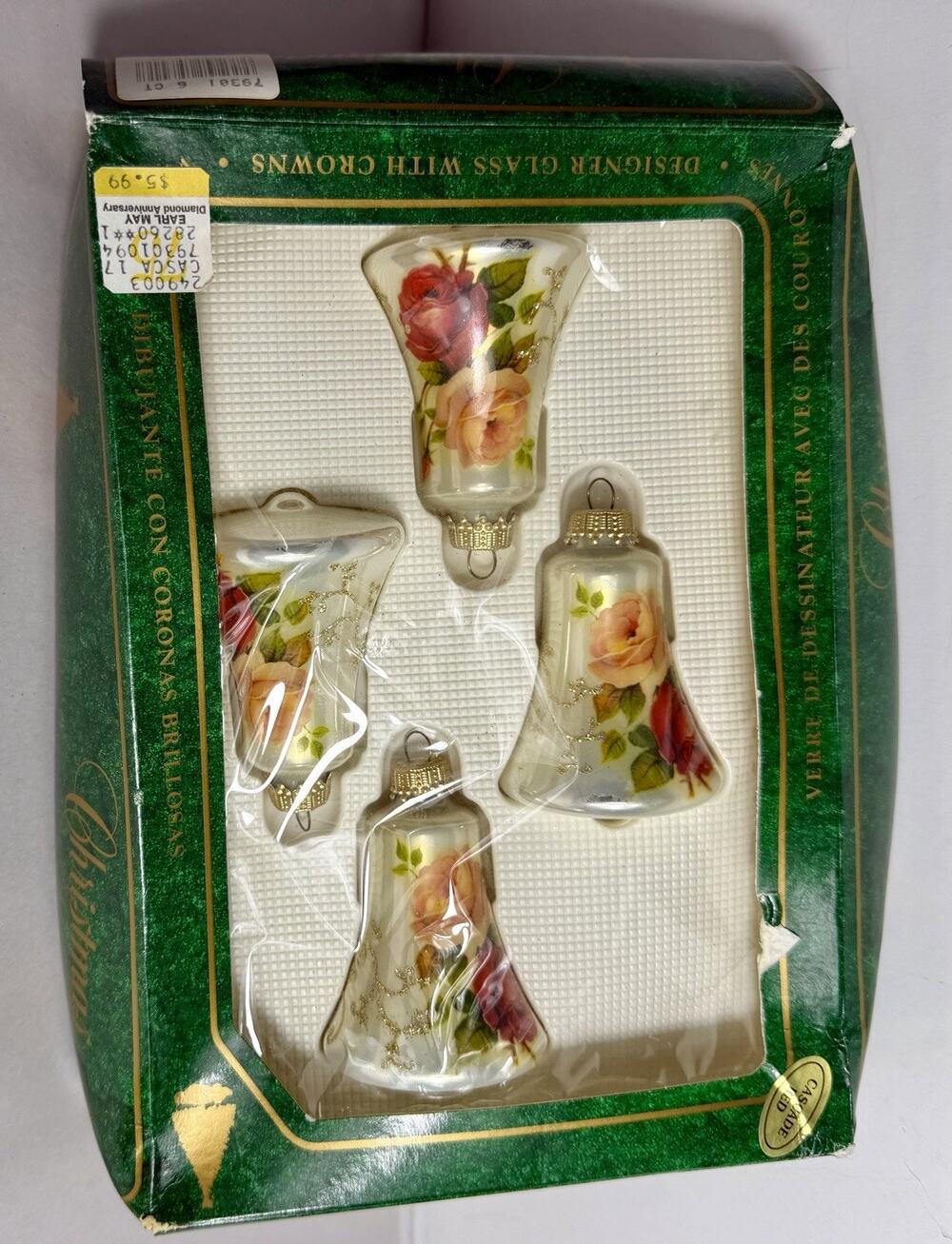 Krebs Decorative Christmas Bell Blown Glass Floral Ornaments Set of 4 Vintage